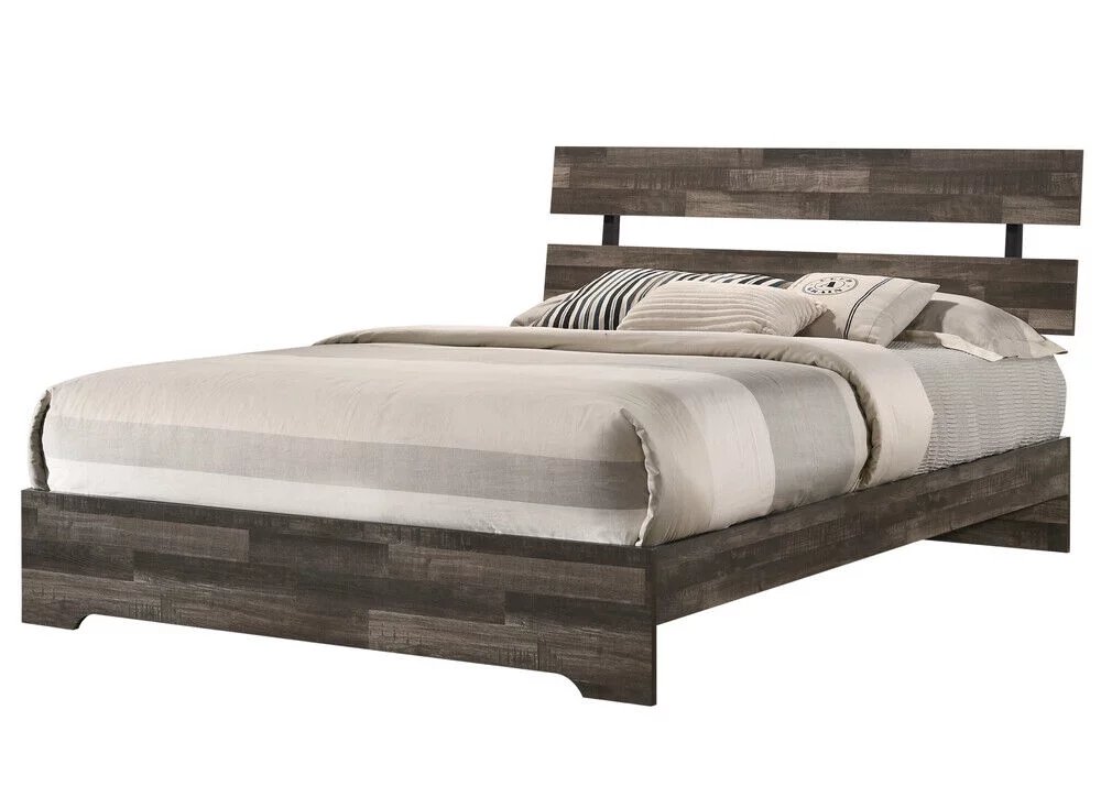 Rustic Brown Finish 6pc King Size Platform Bedroom Set Bed Dresser Mirror Nightstands Chest