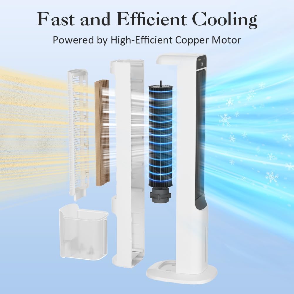 Swamp Cooler, 41" Evaporative Air Cooler With 4 Ice Packs, Remote, 50° Oscillation 3 Speeds 3 Wind Modes, Bladeless Cooling Fan That Blow Cold Air, Portable Air conditioner For Bedroom Home Office