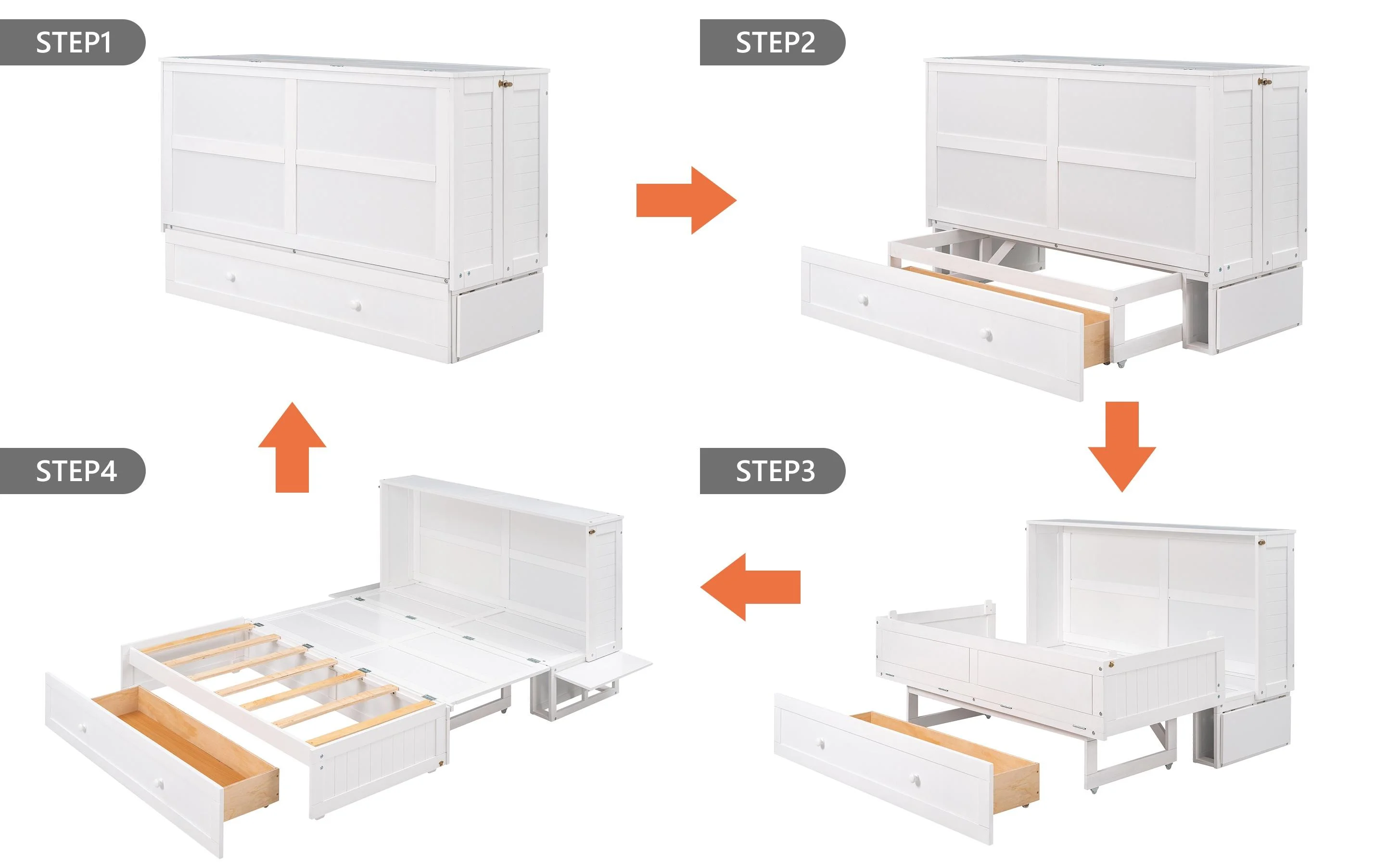 Bellemave Murphy Cube Cabinet Bed with Storage Drawer, Wood Queen Size Murphy Bed Cabinet with Side Little Shelves, Easy Fold Bed Frame for Guest Room, Home, Office (White)
