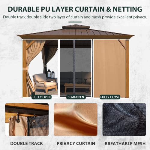 YOLENY 10' x 12' Hardtop Gazebo, Wood-Looking Gazebo with Galvanized Steel Double Roof, Aluminum Frame, Permanent Metal Pavilion with Netting and Curtains for Deck, Backyard, Patio and Lawns