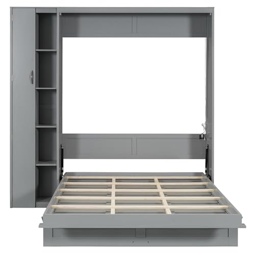 Harper & Bright Designs Queen Size Murphy Bed Wall Bed with Storage Shelves, Wardrobe and LED Lights, Space-Saving for Multipurpose Guest Room or Home Office, Gray