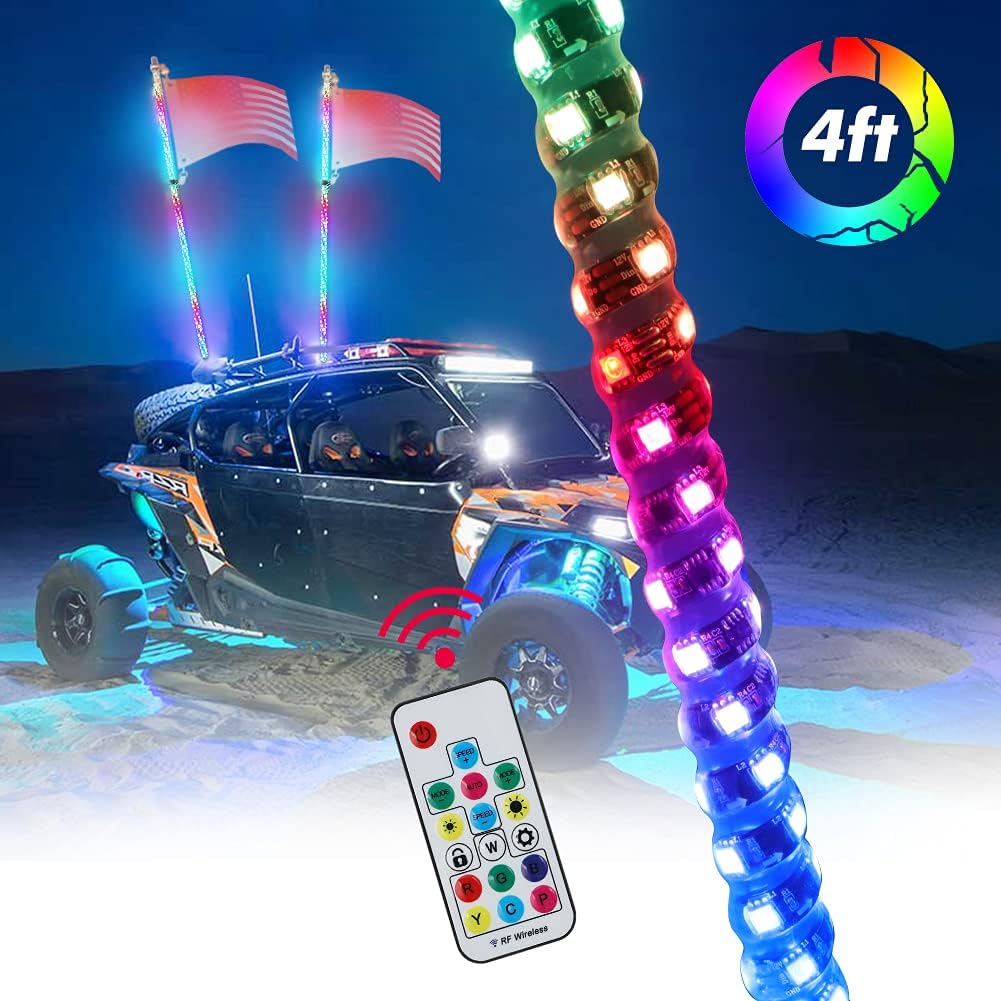 AUTOVIC Spiral LED Whip Lights, 2pcs 4FT 360° RGB Whip Light Weatherproof 300 Flash Patterns 358 Modes Chasing Light for RZR Can-Am Polaris UTV ATV Off Road Truck