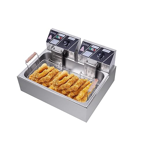 Dual Tank Electric Deep Fryer Stainless Steel Construction Accurate Thermostats Ideal for French Fries, Fried Chicken, and More 110V Voltage 4 Feet Stability Safe Operation 12L Capacity 5000W Power