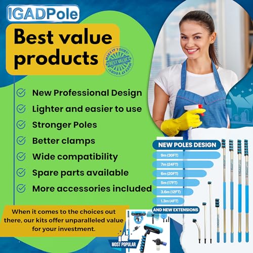 IGADPole 17 FT (5m) Window Cleaning Kit, Window Washing Cleaner Equipment Kit – Squeegee, Scrubber, Soap Despencer & Water Brush Cleaner Tool with Extension Pole for Household & Outdoor