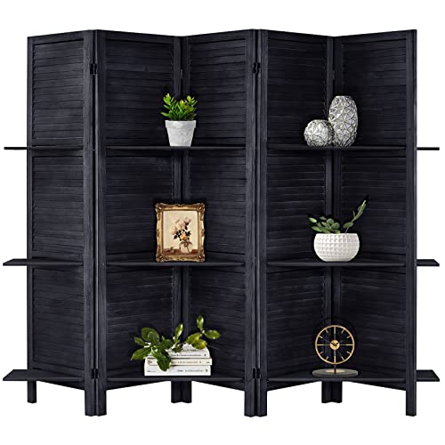 Room Divider with Shelves, Privacy Screen, Room Dividers and Folding Privacy Screens, 5 Panel Wood Temporary Wall Partition Separation Separator, Coconut