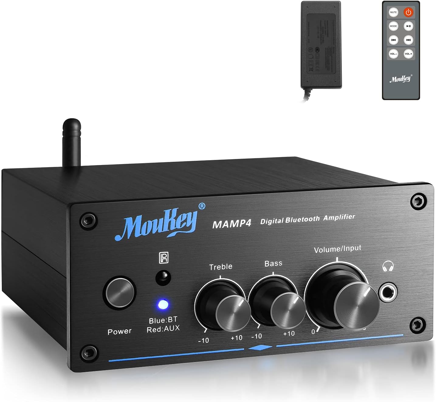 Moukey Mini Amplifier Bluetooth 5.0, 200W Dual 2 Channel Audio Receiver for Speakers, HiFi Power Amp with Headphone Jack, Bass/Treble Remote Control for Home Speakers- MAMP4 Pack of 2