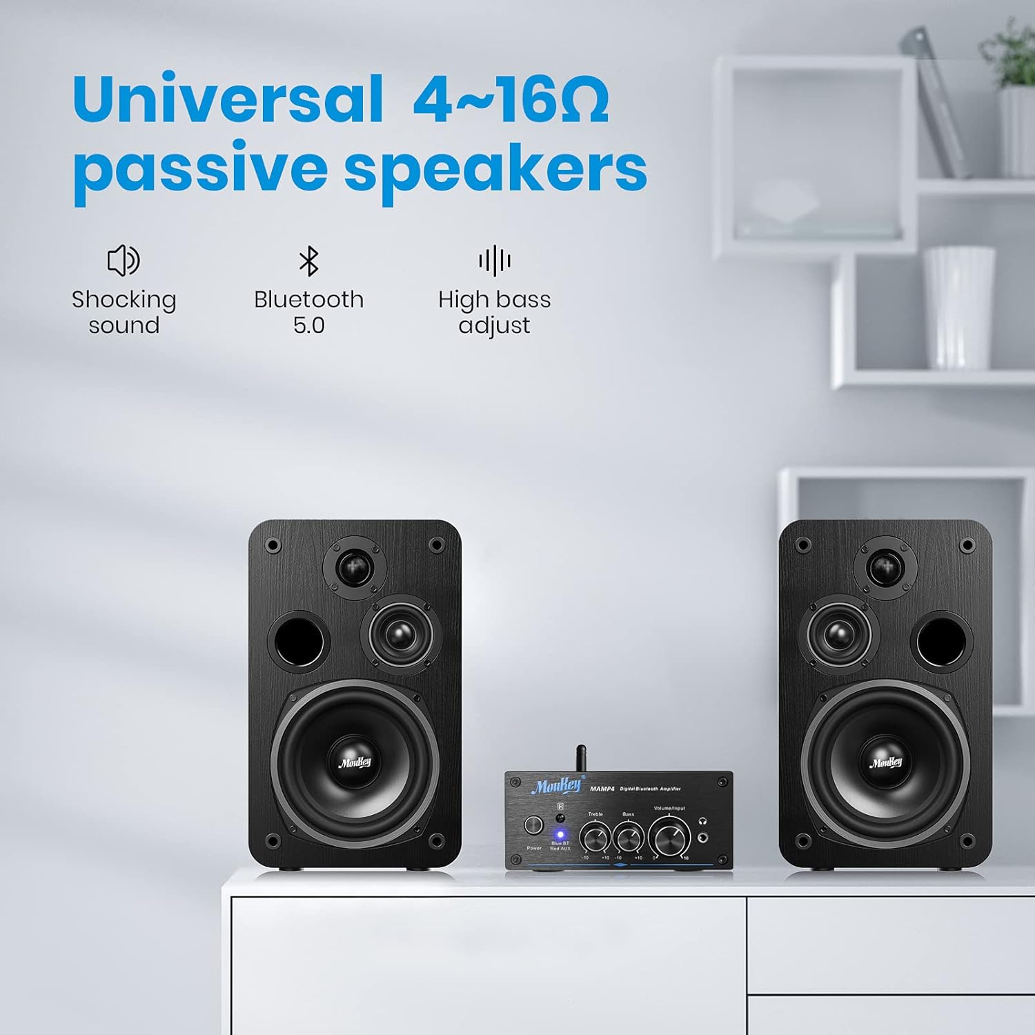 Moukey Mini Amplifier Bluetooth 5.0, 200W Dual 2 Channel Audio Receiver for Speakers, HiFi Power Amp with Headphone Jack, Bass/Treble Remote Control for Home Speakers- MAMP4 Pack of 2