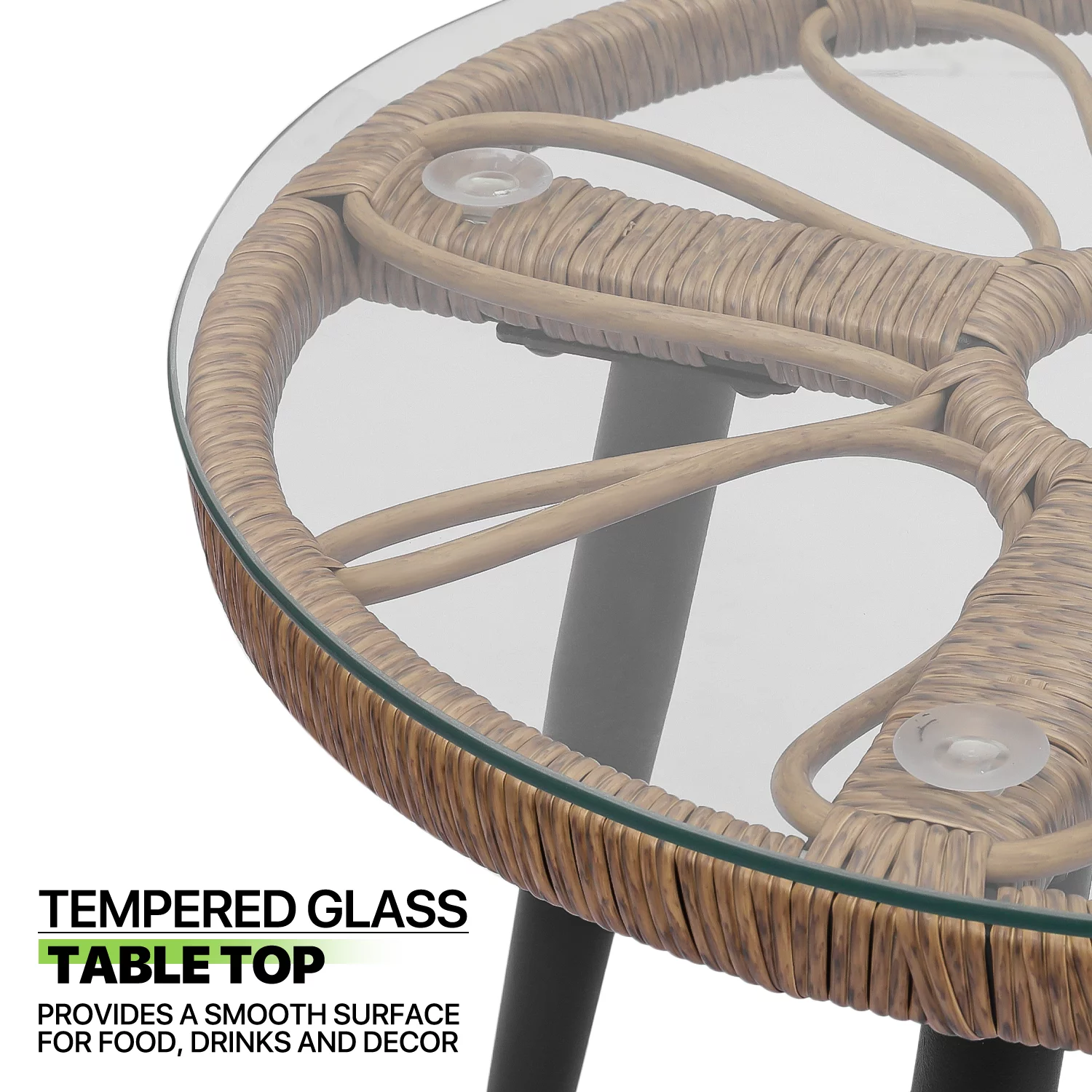 Magshion 3 Pieces Outdoor Patio Furniture Rattan Wicker Table & Chairs Set, Conversation Bistro Set with Tempered Glass Tabletop, Pillow & Cushion for Porch Balcony Backyard, Natural