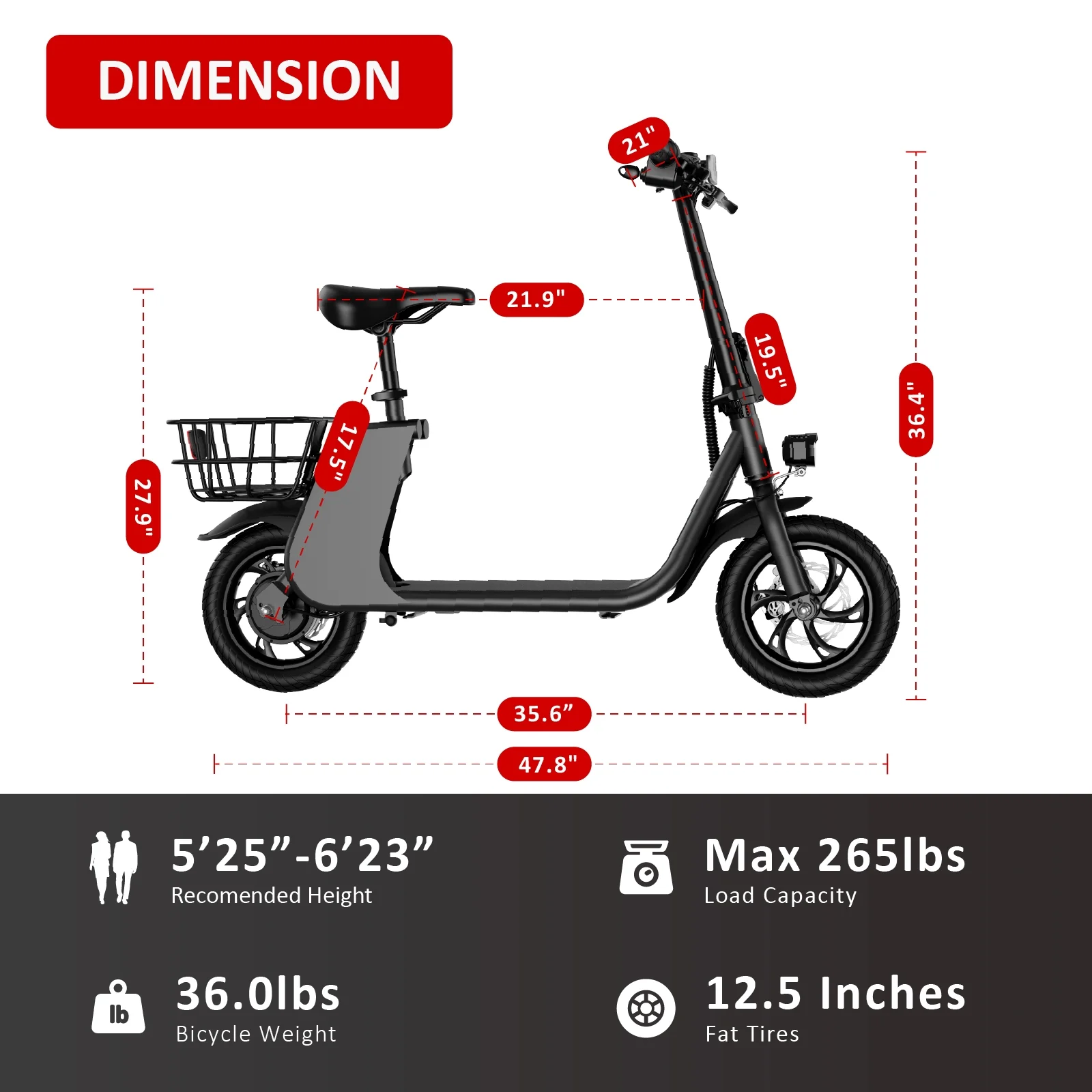 Windhorse C2 Urban Cruiser  450W Brushless Motor - Foldable Electric Scooter for Adults with Seat and Carry Basket - 36V Battery - Max Speed 15 mph with Max Load 265lbs - E-Mopeds for Adults (Black)