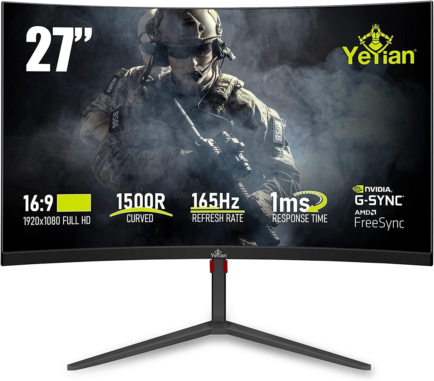 YEYIAN Sigurd 3001 27” Curved PC Gaming Frameless LED Multistand Monitor, 1080P HD, 165Hz, 1ms, 3000:1, 16:9, 178°, 16.7M Colors, G-Sync, FreeSync, DP/DVI/HDMI, Speaker, Tilt/Height/Pivot Adjustable