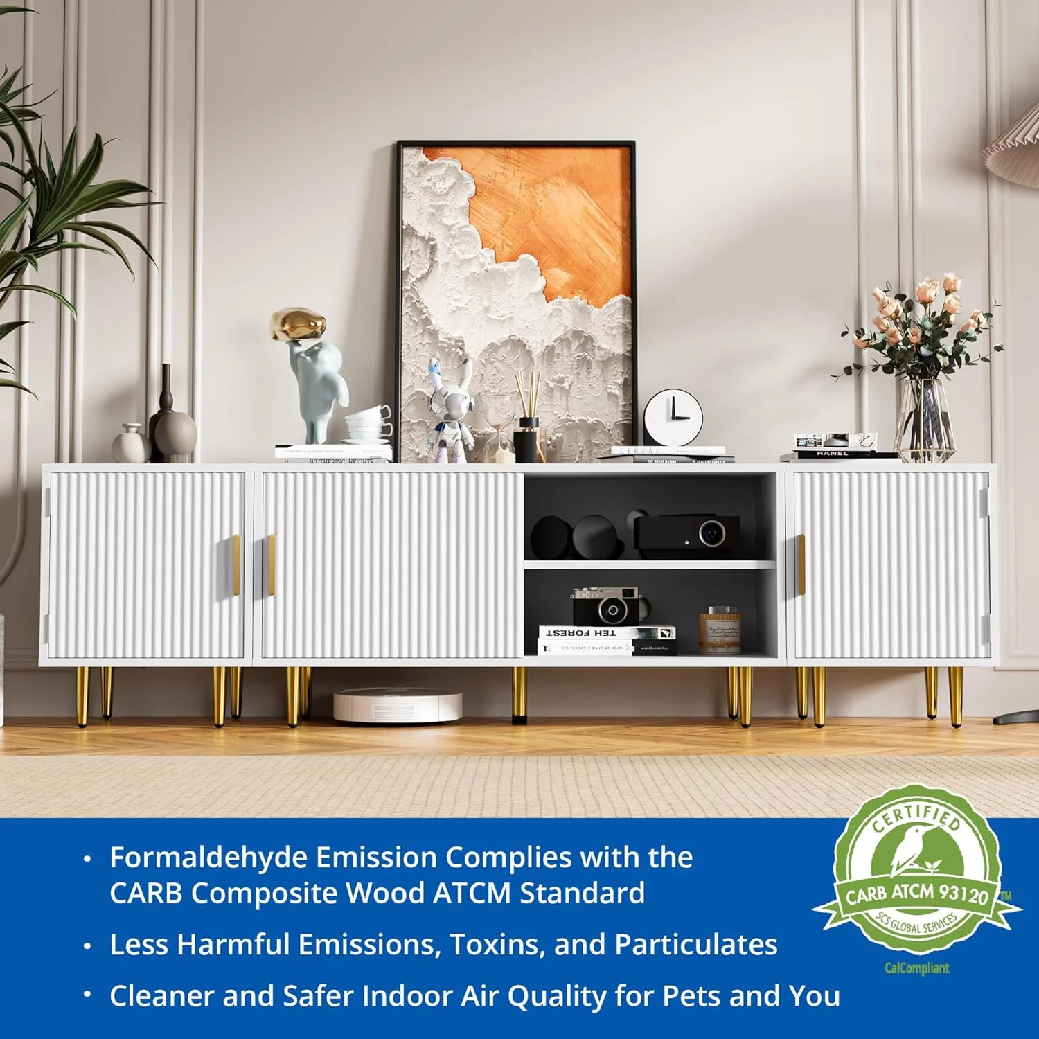 Cozy Castle 70" TV Stand for 50/60/70/80 inch TV, Modern Entertainment Center for Up to 80" TV, TV Media Stand with Storage Cabinet, TV Console with Gold Legs for Living Room, Bedroom, White