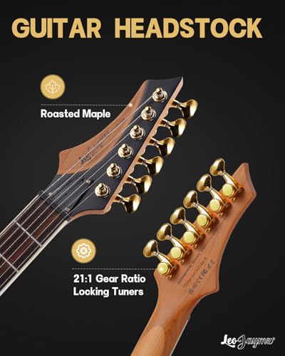 Leo Jaymz Electric Guitar Monsoon Series,Reverse Headstock,Mahogany Body,Roasted Maple Neck,Rosewood Fretboard,Locking Tuners,Rounded End Frets,AlnicoV Pickups,Fixed Bridge (Blue Flame)