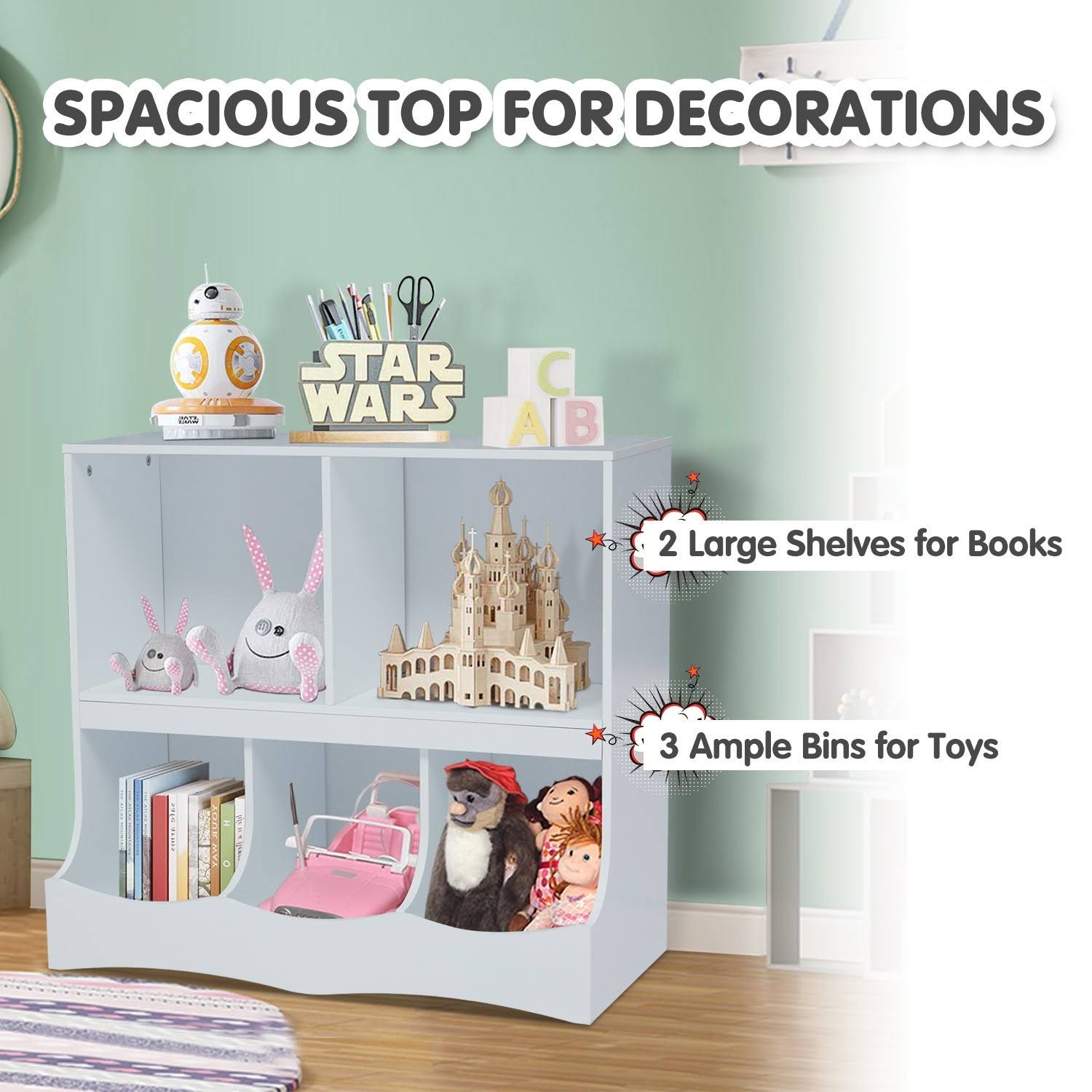 Kinbor Kids Multi-Bin Storage Organizer Cabinet Bookcase with 2 Shelf and 3 Bin Cubby Unit for Children Playroom, Decor Room - W