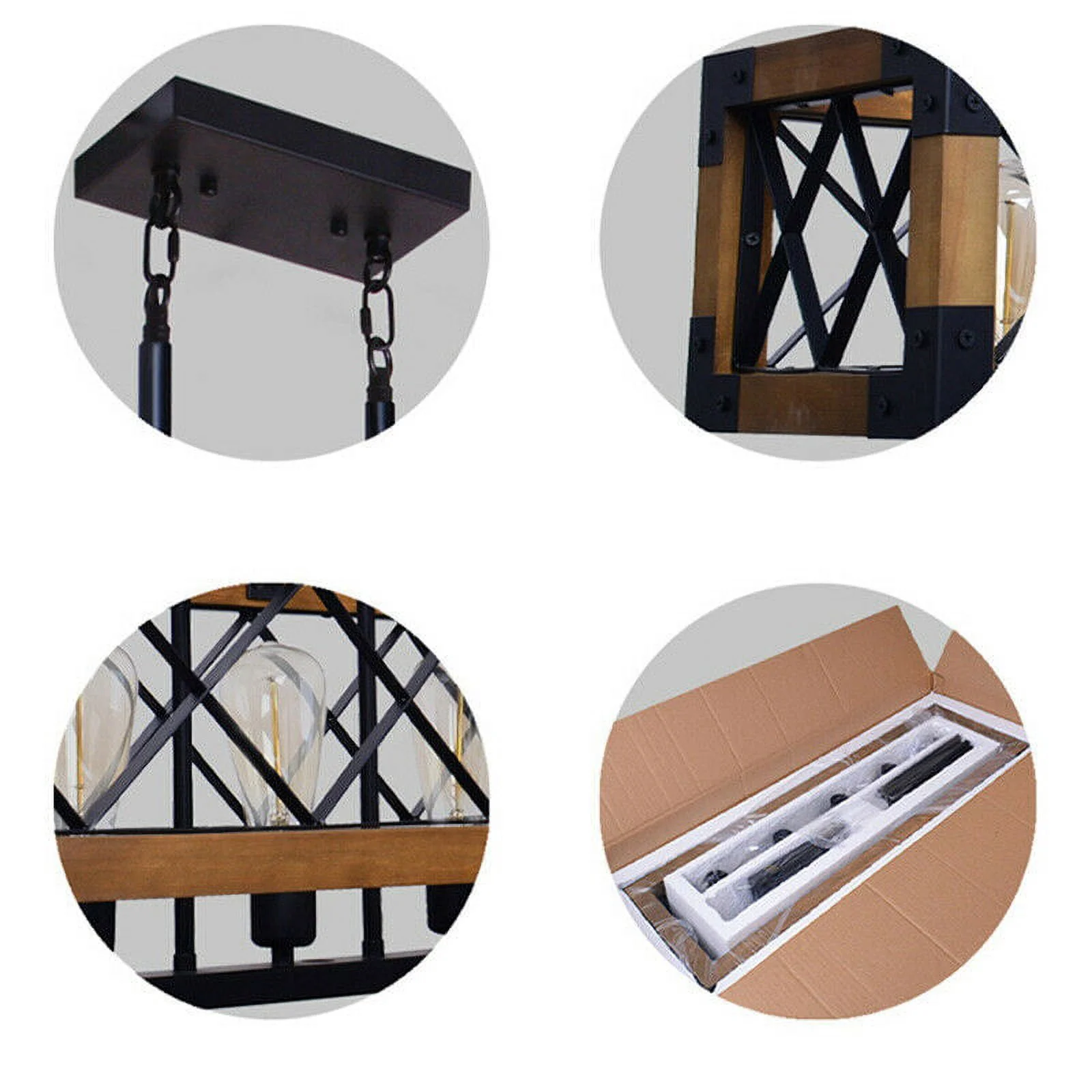 ZhdnBhnos 5-Lights Retro Farmhouse Chandelier Kitchen Island Pendant Light Fixture Wooden Rectangle Hanging Ceiling Lamp