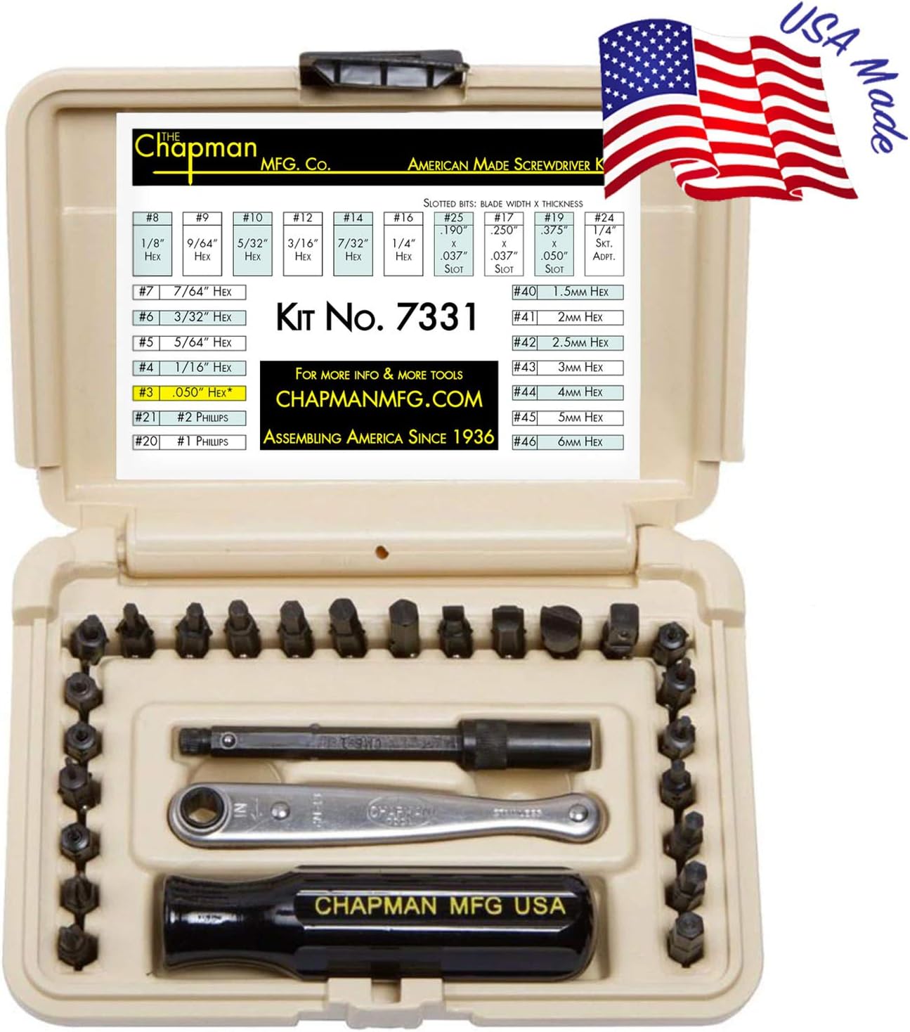 Chapman MFG 7331 All-Purpose Standard Screwdriver Set - Includes Phillips, SAE Allen Hex & Slotted/Flathead Bits, Complete Set Offers 24 USA Made Insert Bits + Mini Ratchet Hand Tool (Desert Tan Case) Pack of 2