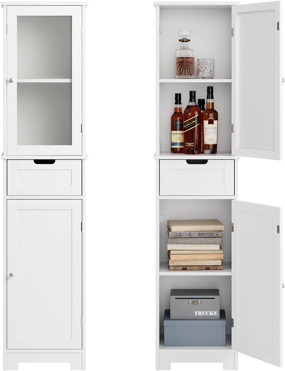 Bathroom Storage Cabinet, Tall Freestanding Cabinet with Door and Drawer, Narrow Slim Tower Cabinet with Adjustable Shelves for Home Office, White