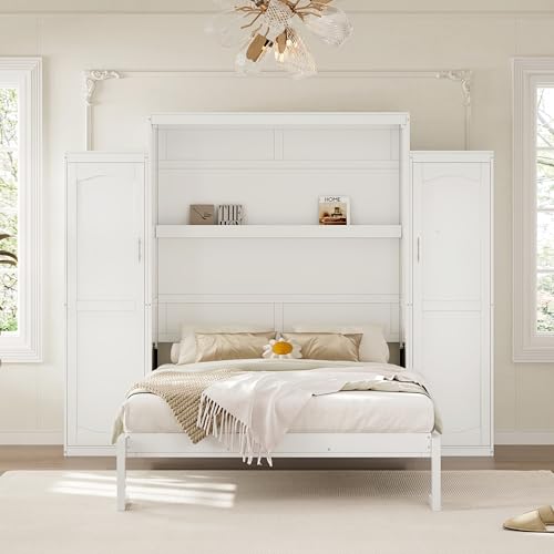 KLMM Wooden Murphy Bed Wall Bed with 2 Wardrobe and Storage Shelf,Foldable Platform Bedframe for Guest-Room Bedroom Study Office Use (White#E, Full)