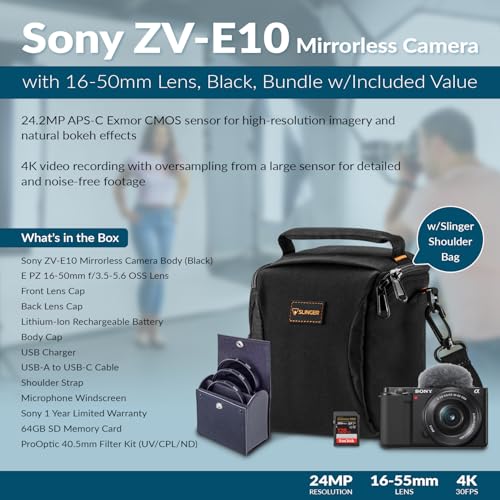 Sony ZV-E10 APS-C Mirrorless Interchangeable Lens Vlogging Camera with 16-50mm Lens, Black - Bundle with 64GB SD Card, Shoulder Bag, 40.5mm Filter Kit