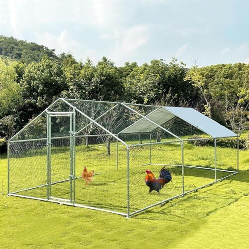Large Metal Chicken Coop Walk-in Poultry Cage Chicken Run Pen Dog Kennel with Waterproof and Anti-Ultraviolet Cover for Outdoor Farm Use(9.8' L x 19.7' W x 6.4' H)