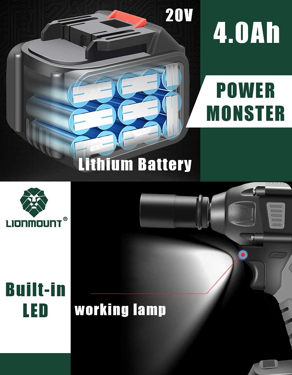 Cordless Impact Wrench, Lionmount 20V 1/2'' Brushless Electric Impact Driver Set, Max Torque 220 Ft-lb (300 N.m), 4400 RPM, Tool Case, Impact Sockets
