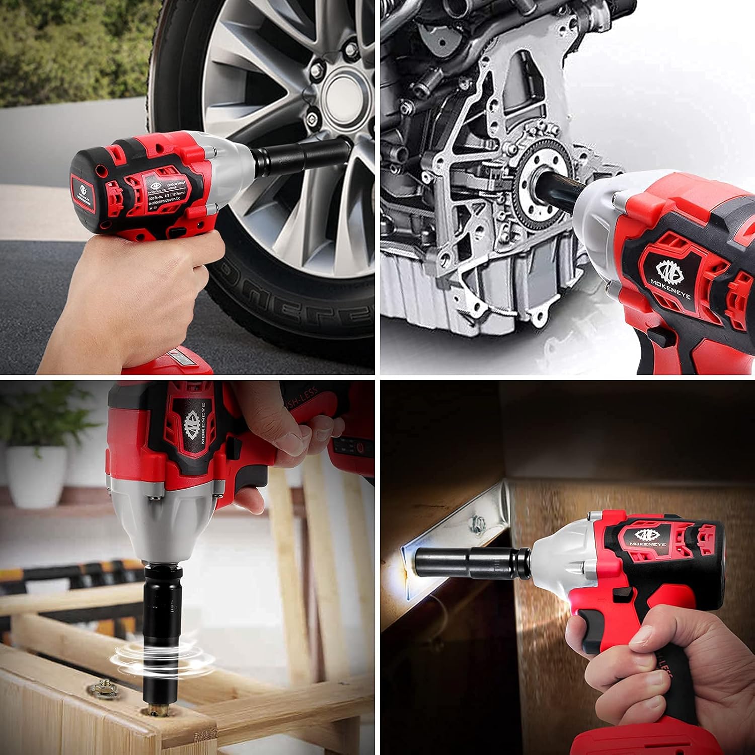 MOKENEYE 20V Cordless Brushless Impact Wrench with 4.0 Ah Battery, 300 Ft-lbs Torque, 3-Speed up to 2900 RPM, 6 Impact Sockets, 1/2 Inch Battery Powered Impact Wrench for Car Tires