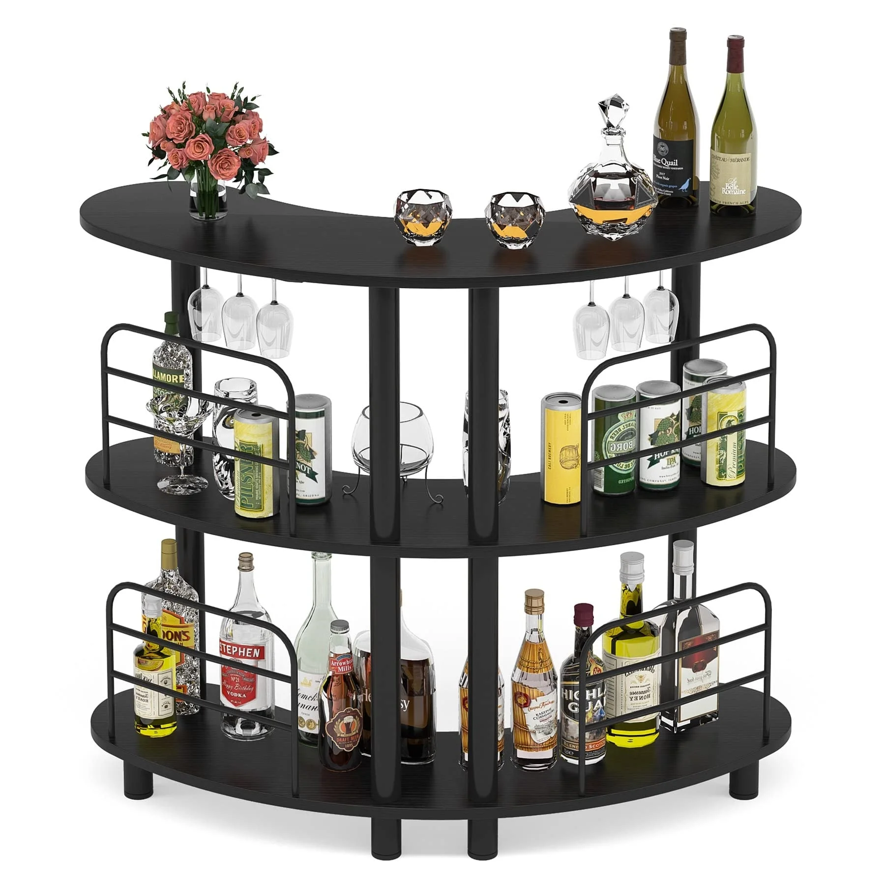 Bar Unit for Liquor, 3 Tier Bar Cabinet with Storage Shelves, Corner Bar Table with Wine Glasses Holder for Home/Kitchen/Bar/Pub Black