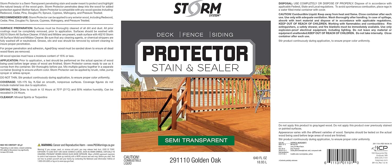 Storm Stain Protector - Golden Oak, 5 Gallons, Protects Outdoor Wood from Water & UV Rays, Siding, Fence & Deck Stain and Sealer, Outdoor Wood Stain and Sealer