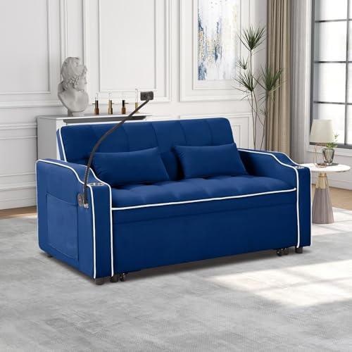 Convertible Sleeper Sofa Bed, 3 in 1 Velvet Pull Out Loveseat Couch Modern Comfy Futon Sofa with Adjustable Backrest & Phone Holder & USB Charging Space Saving for Living Room, Small Apartment, Grey