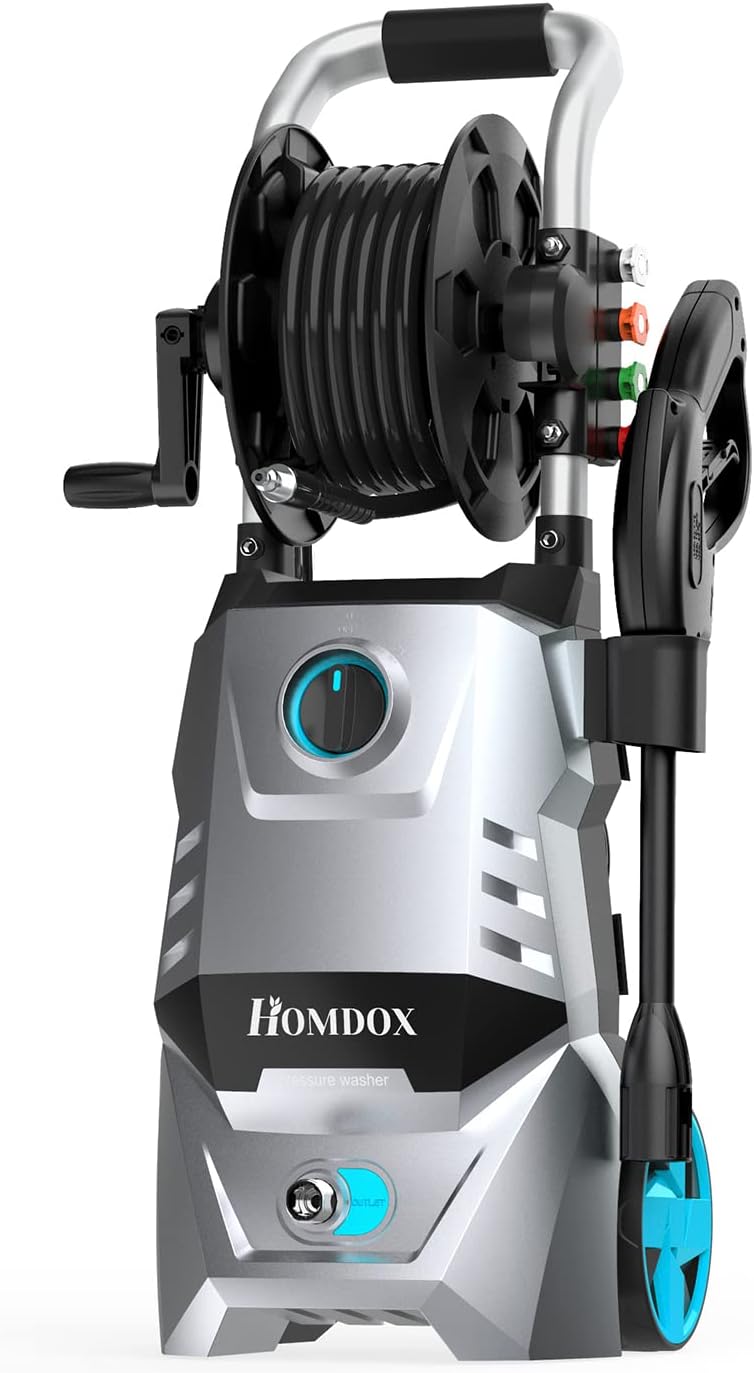 Homdox 1.72GPM Pressure Washer 1500W Electric Power Washer with 5 Nozzles,Longer Cables and Hoses,for Cleaning Cars, Driveways, Garden (Green)