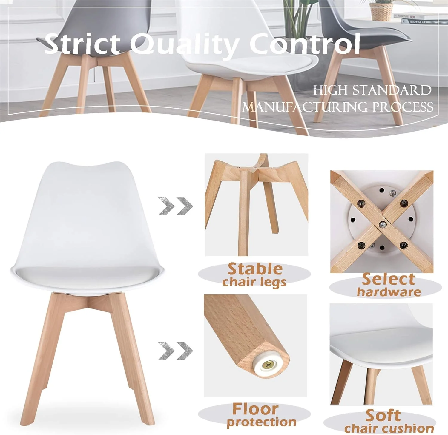 KHBIULIFE Dining Chairs Mid Century Modern DSW Tulip Chair PU Wooden for Living Room Bedroom Kitchen (White-Set of 4)