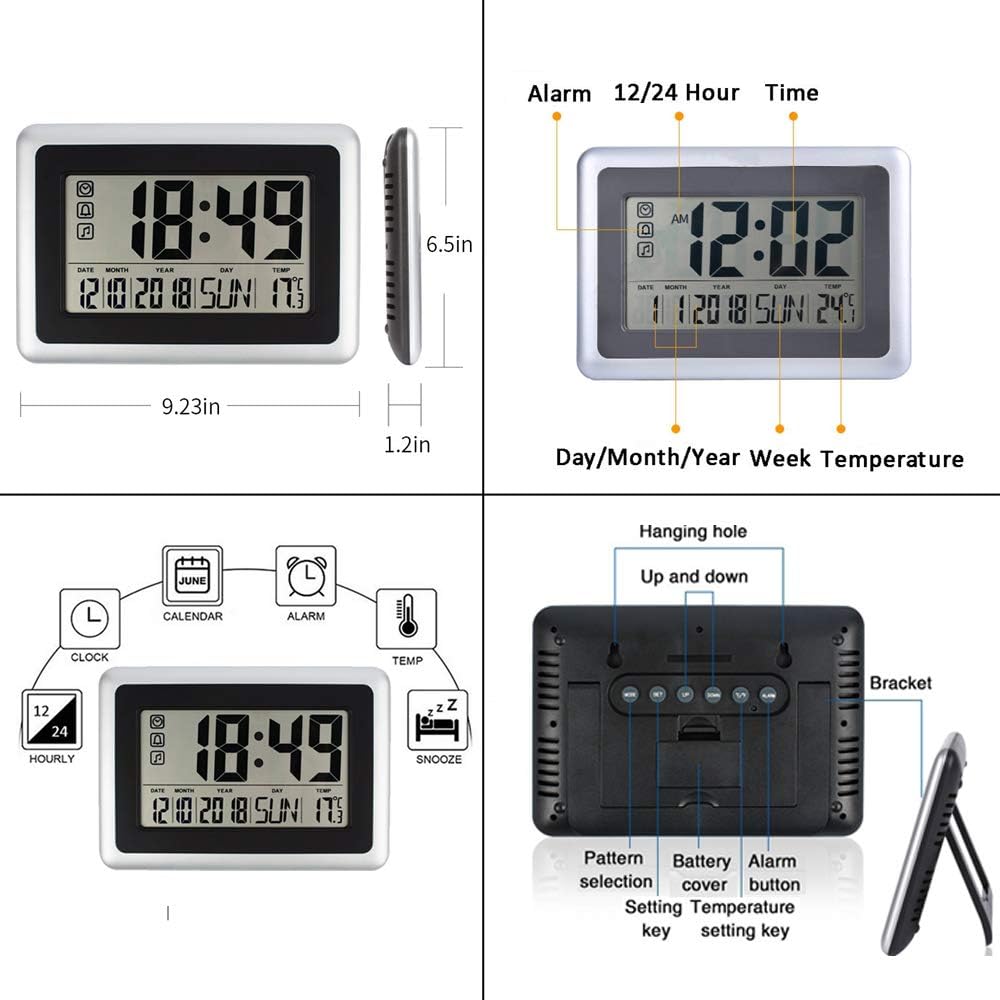 Atomic Wall Desk Clock Large Display with Indoor Outdoor Temperature Date Calendar, Digital Alarm Clock Battery Operated Without Backlight for Kitchen Bedroom
