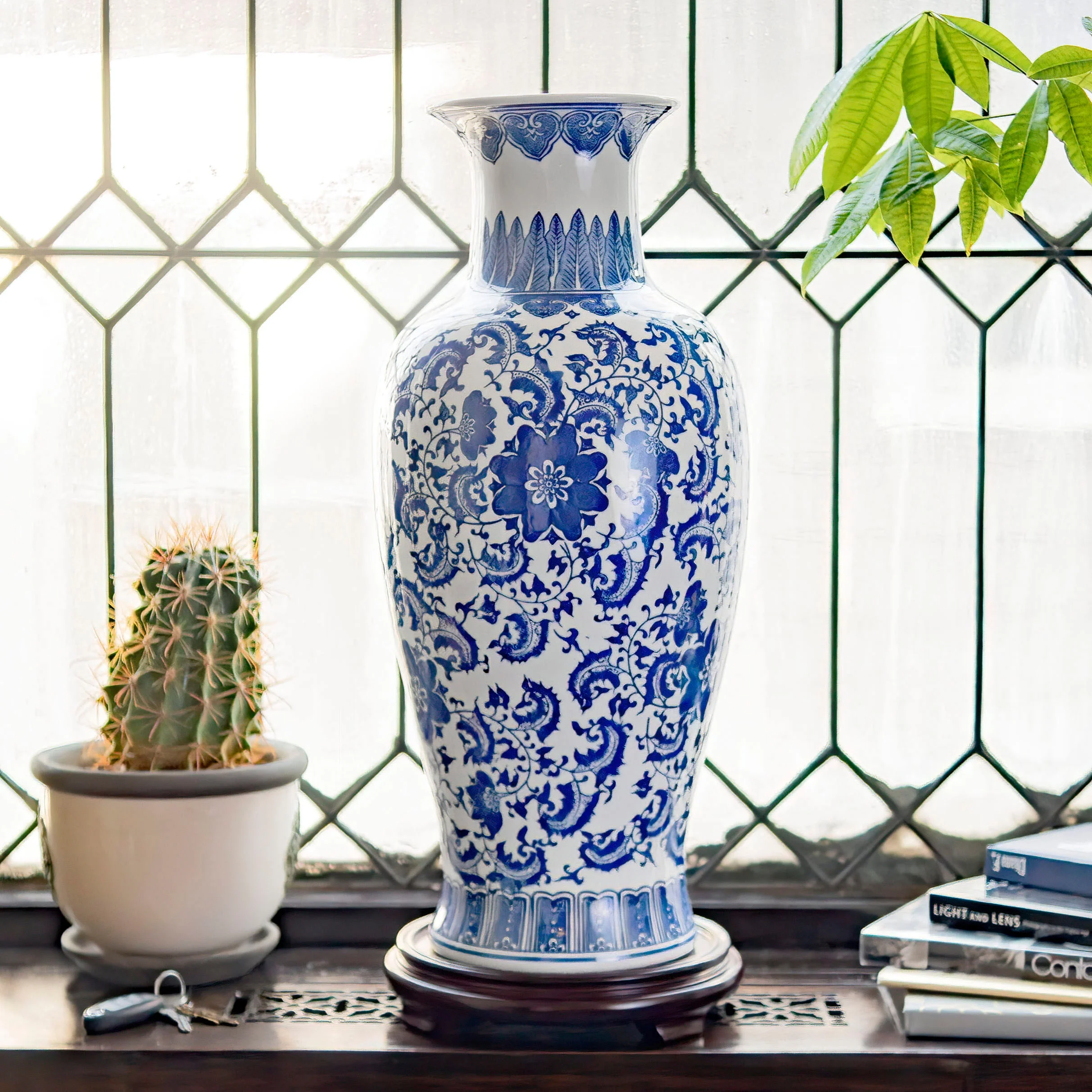 24" Blue and White Floral Porcelain Fishtail Vase - Curated Treasures Market
