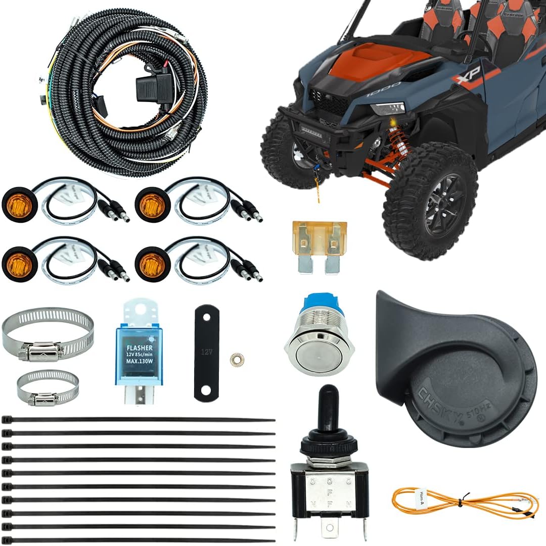 UTV/ATV Turn Signal Kit, Universal Turn Signal Assemblies with Amber LED lights, Horn and Toggle Switch Compatible with Honda Pioneer, Polaris RZR, Can-Am, Yamaha Rhino, Kawasaki