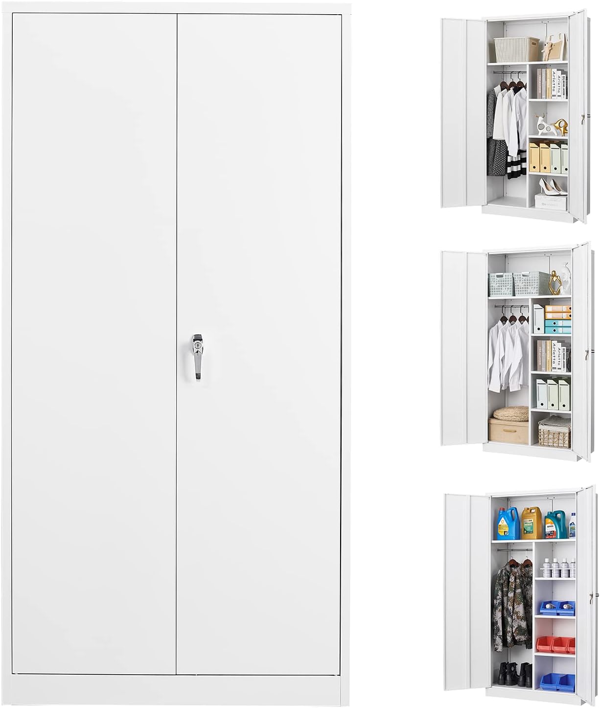 BYNSOE Metal Locker Storage Cabinets, 72” White Tall Steel Wardrobe, Employees Locker with Hanging Rod, Shelves and Lockable Doors for Home, School, Office - Assembly Required (White3)