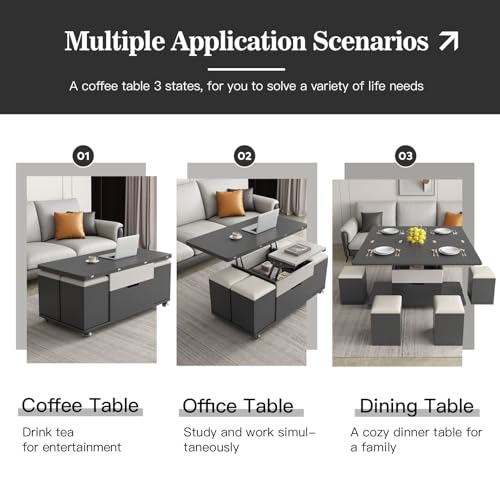 Lift Top Coffee Table with 4 Seats, 3 in 1 Mutifunction Center Table with Storage Pu Stools,Coffee Table Converts to Dining Table for Kitchen, Living Room, Bedroom