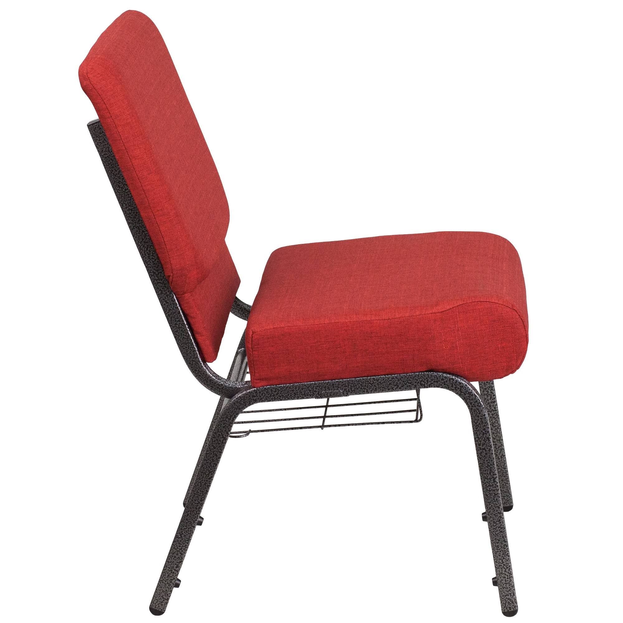 Flash Furniture Hercules Crimson Fabric Silver Vein Frame Church Chair with Cup Book Rack