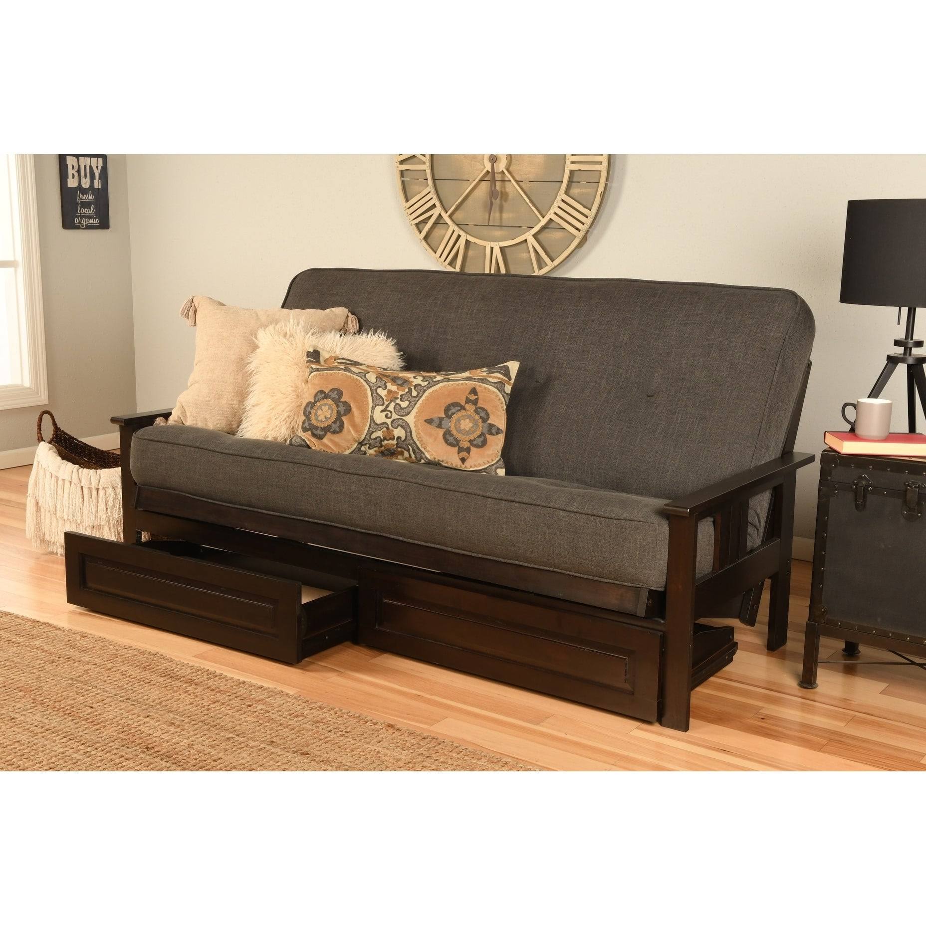 Kodiak Monterey Espresso Finish Full Futon with Linen Charcoal Mattress u0026 Storage Drawers