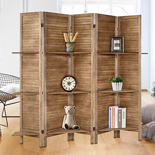 Room Divider with Shelves, Privacy Screen, Room Dividers and Folding Privacy Screens, 5 Panel Wood Temporary Wall Partition Separation Separator, Coconut
