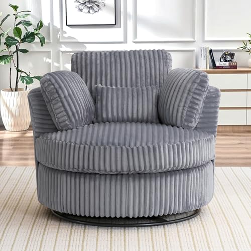 Chair and A Half with Ottoman, 360° Swivel Accent Barrel Chair Modern Comfy Round Reading Sofa Swivel Chairs Circle Lounge Chair for Bedroom Living Room w/4 Pillow Lower Seating Heigh (White, Large)