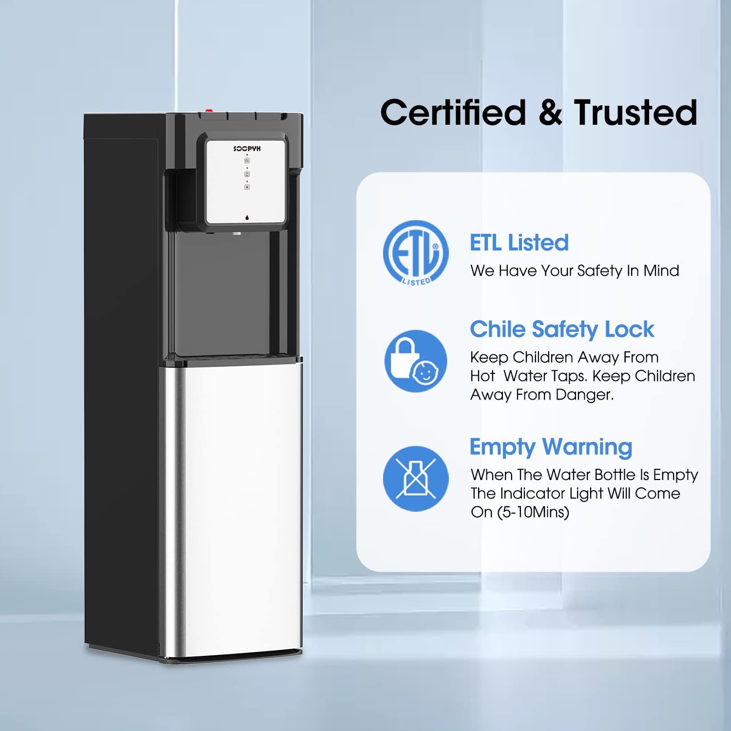 Stainless Steel UV Self-Cleaning Water Dispenser Cooler Bottom Load 5 Gallon with 3 Temperatures Child Safety Lock