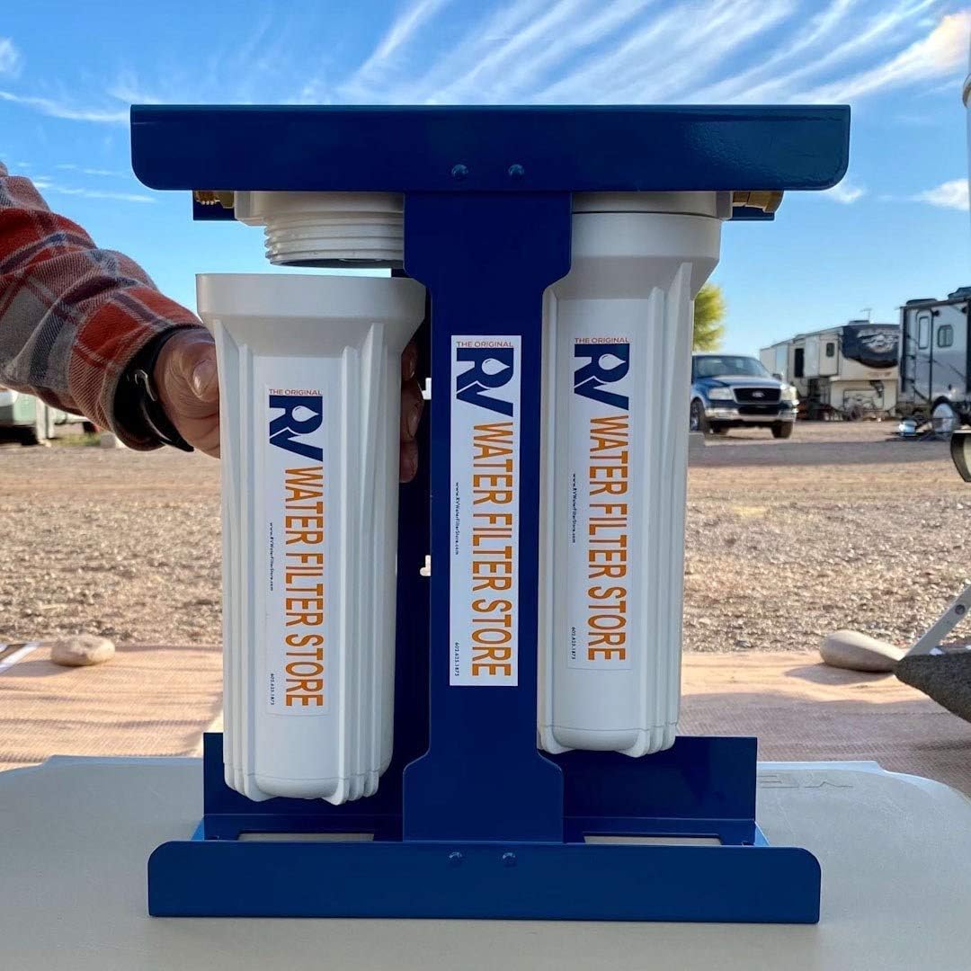 RV Water Filter Store Essential RV Water Filter System with Universal Blue Cage Mounting Bracket and Brass Hose Fittings + Warranty