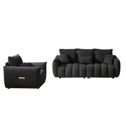 2 Piece Teddy Cloud Sofa Couch Set, Modern Deep Seat 3 Seater Boucle Sofa & Single Sofa Chair, Cozy Upholstered Sherpa Living Room Furniture Set for Apartment Office, Black