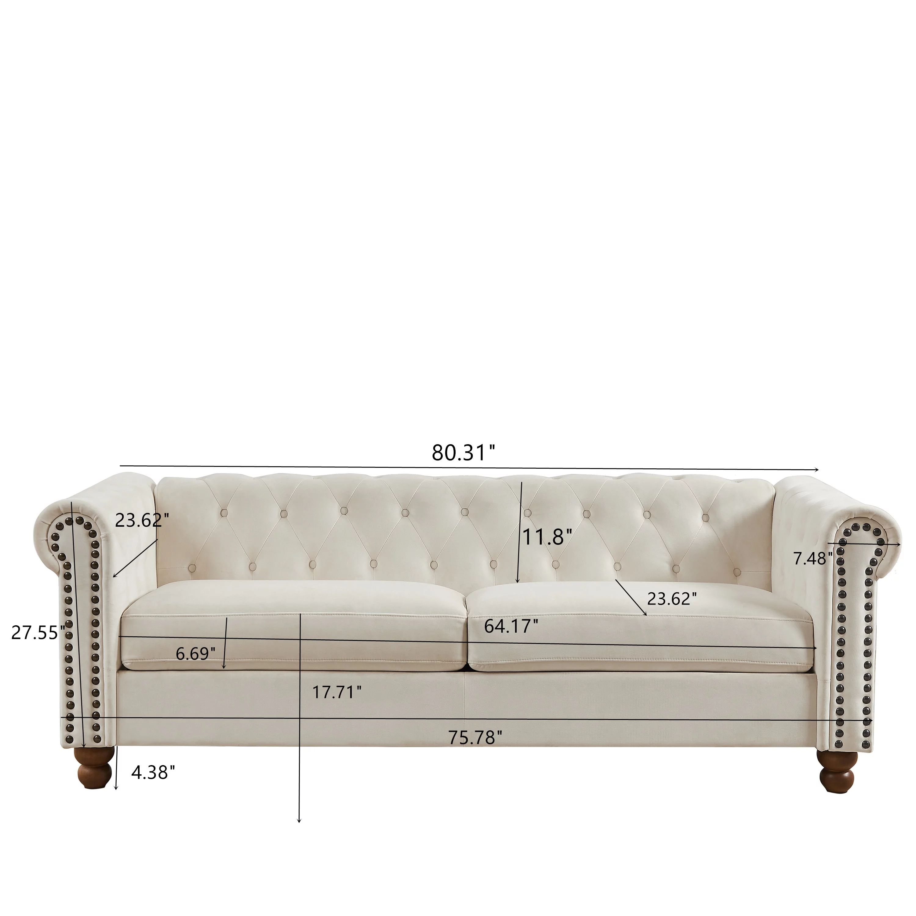 Chesterfield 3 Seater Velvet Button Tufted Sofa, Upholstered Couch with Nailhead Arms Solid Wood Legs for Living Room Office Bedroom Apartment