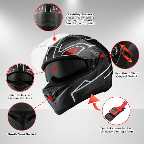 1Storm Motorcycle Full Face Dual Visor Helmet Bundle with Spoiler and Motorcycle Bluetooth Headset: HJK316 Matt Black
