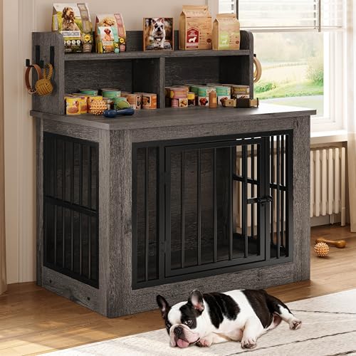 IRONCK Extra Large Dog Crate Furniture, 43.3 inches Wooden Dog Crate with Storage and 4 Hooks, Heavy Duty Pet Crate for Large Dog, Decorative Pet Cage for Indoor (30" L x 43.3" W x 41.1" H)