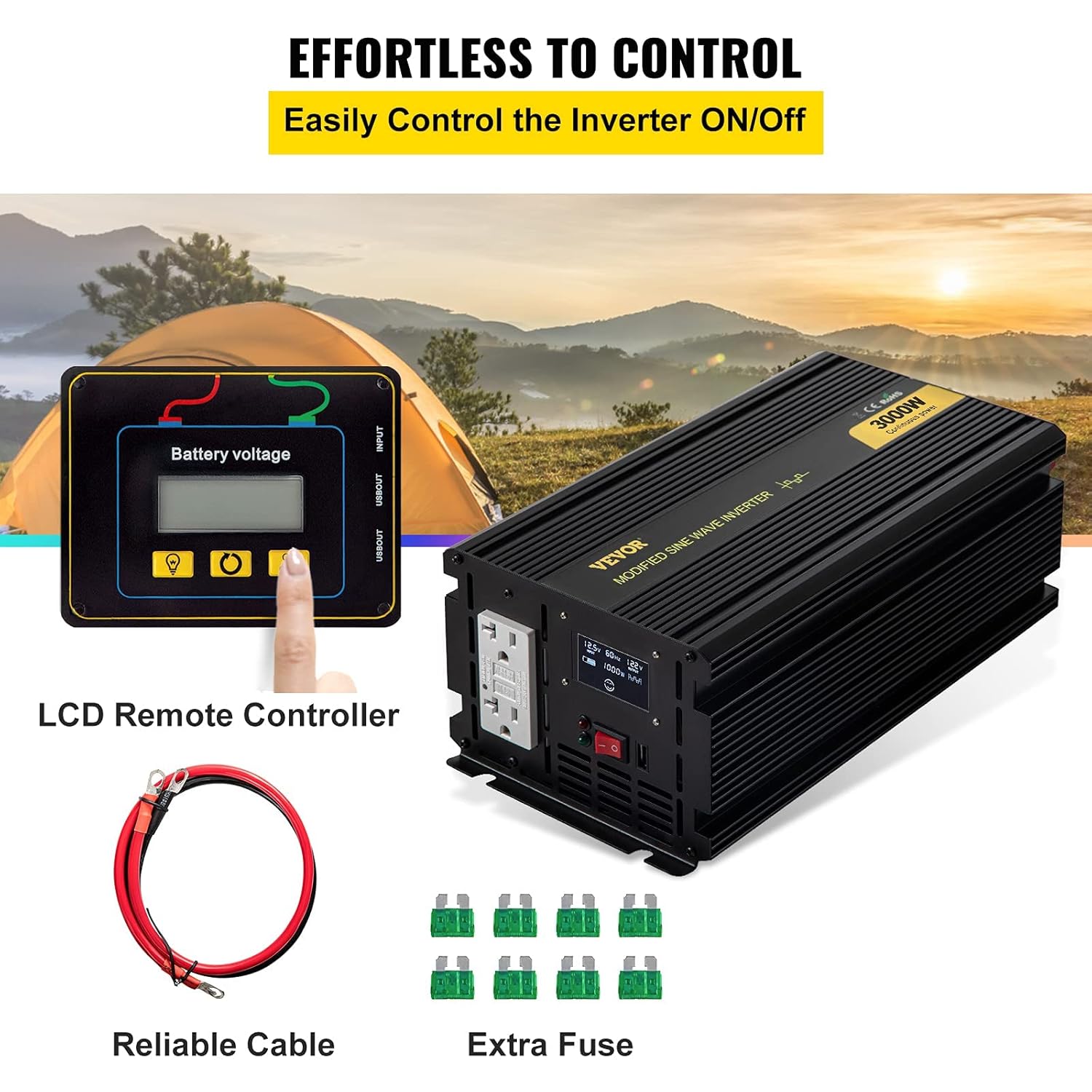 VEVOR Power Inverter, 3000W Modified Sine Wave Inverter, DC 12V to AC 120V Car Converter, with LCD Display, Remote Controller, LED Indicator, GFCI Outlets Inverter for Truck RV Car Boat Travel Camping