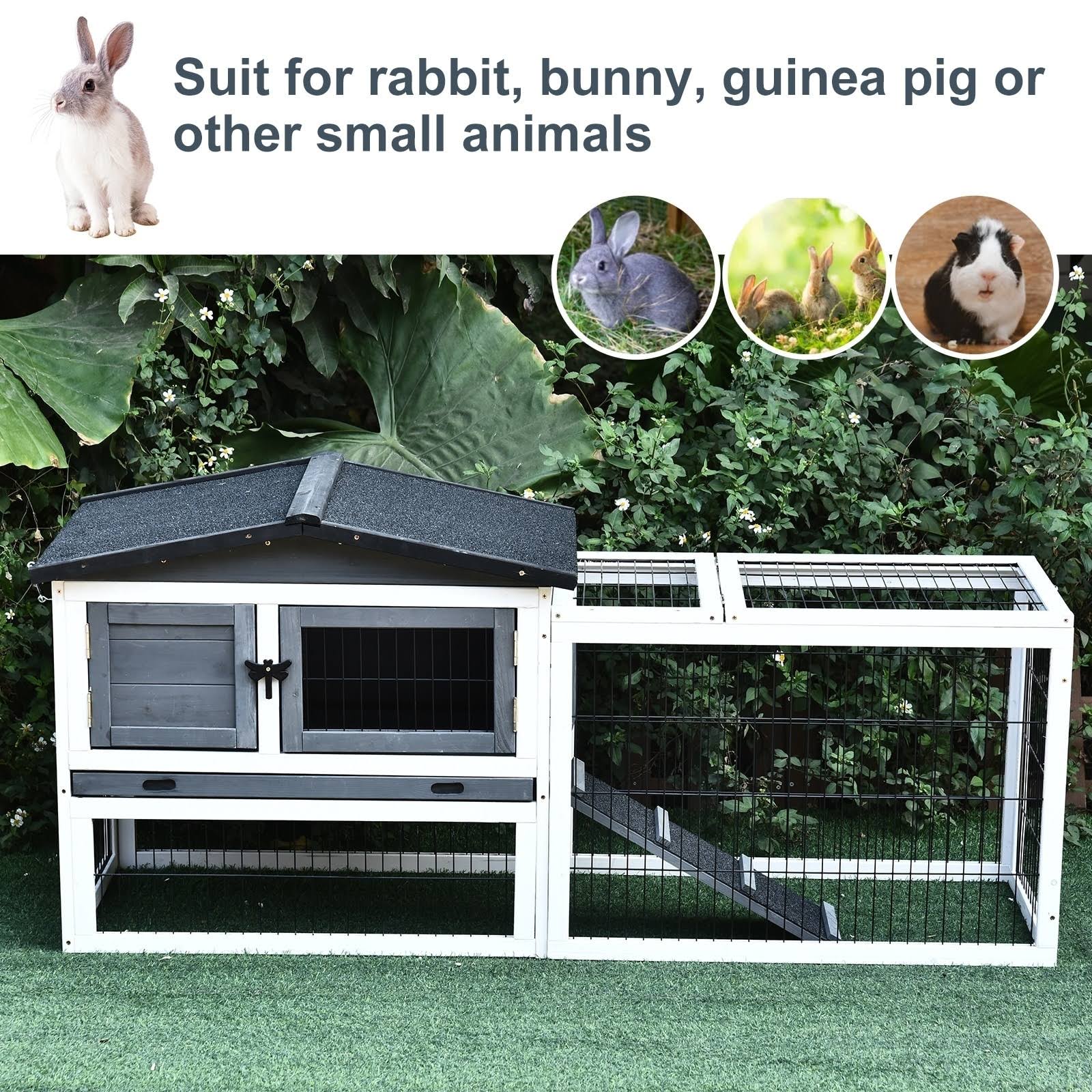 PawHut Solid Wood Rabbit Hutch with 2 House Levels and Patio Space, Strong Black Metal Cage WIRE, and Easy Clean Tray