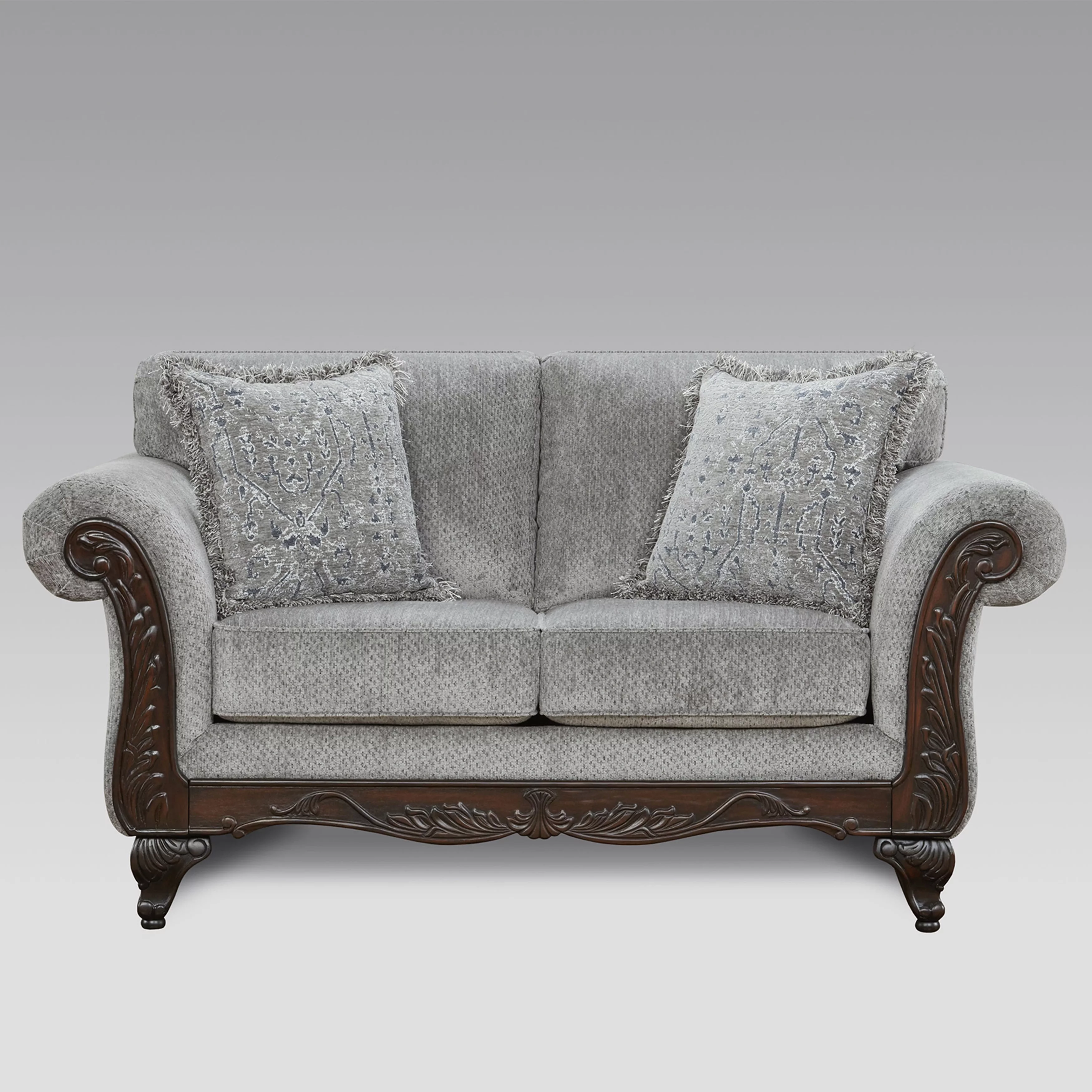 Roundhill Furniture Hernen Carved Wood Frame Polyester Sofa and Loveseat Set, Gray