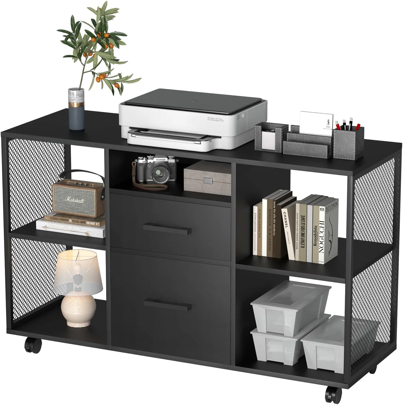 ADOFFUR Wood Lateral File Cabinet, Home Office 40" Mobile Storage Cabinet,Lockable Rolling Printer Stand with 4 Open Shelves,2 Drawers for Letter/ A4 Size (Black) - Curated Treasures Market