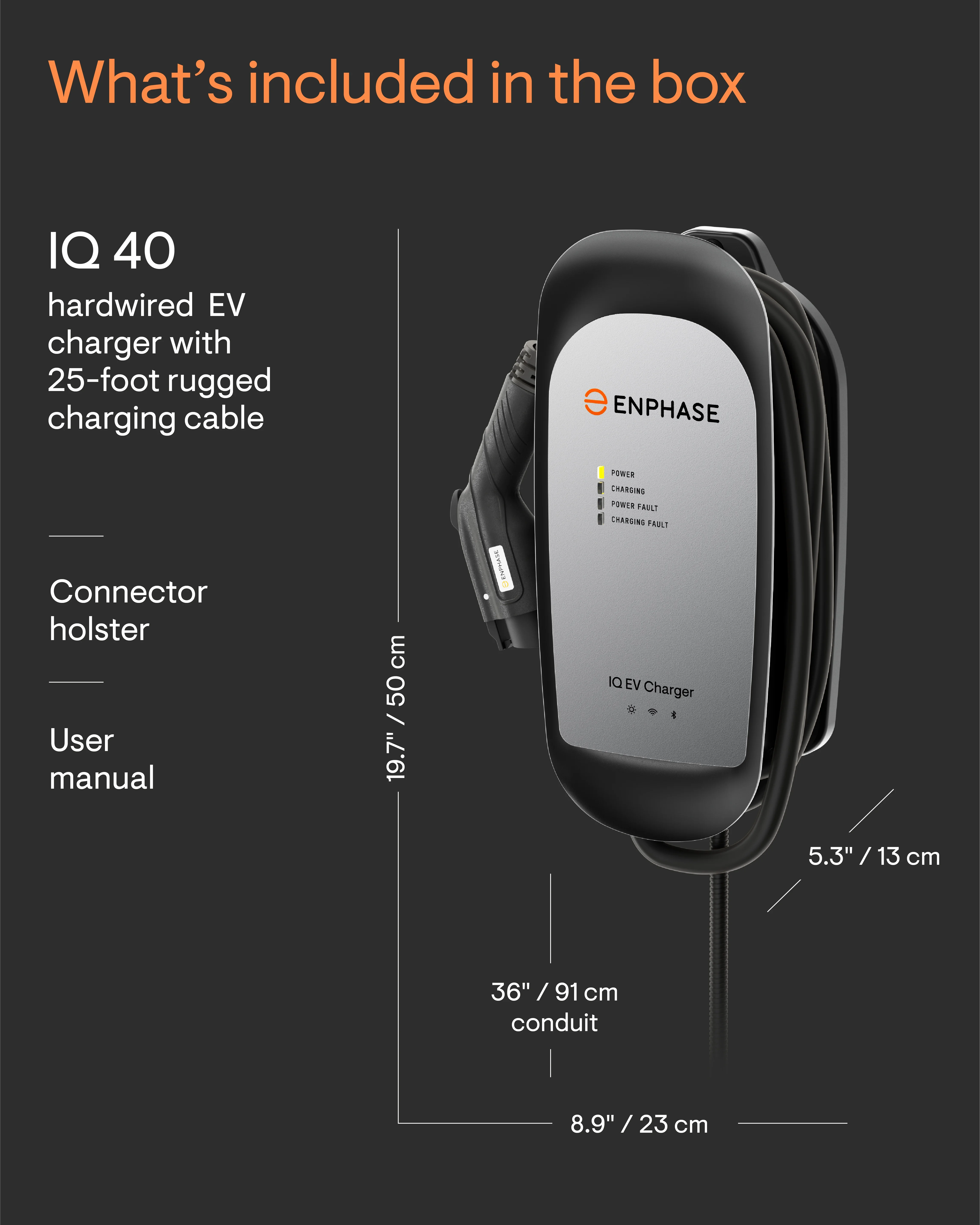 Enphase Smart Level 2 EV Charger with Wi-Fi, Safety Certified, 32 Amp, 240v, Hardwired, Indoor/Outdoor, Ruggedized 25ft Cable & J1772 Connector, IQ 40 Home Electric Car Charging Station